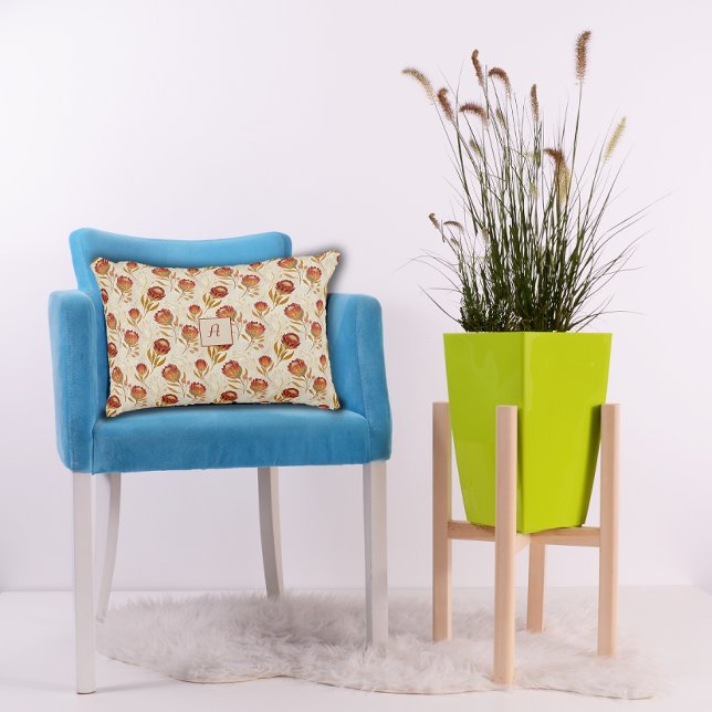 Protea Flower Floral beige red Pattern monogram Decorative Cushion (Creator Uploaded)