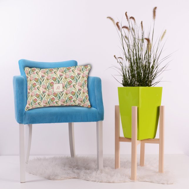 Protea Flower  Floral pink green Pattern monogram Decorative Cushion (Creator Uploaded)