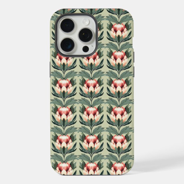 Protea Flower Pattern Coral Sage Tones iPhone Case (Back)