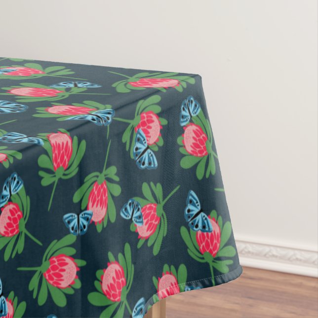 Protea flowers and butterflies pattern tablecloth (In Situ)