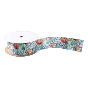 Protea flowers and palm leaves tropical pattern satin ribbon