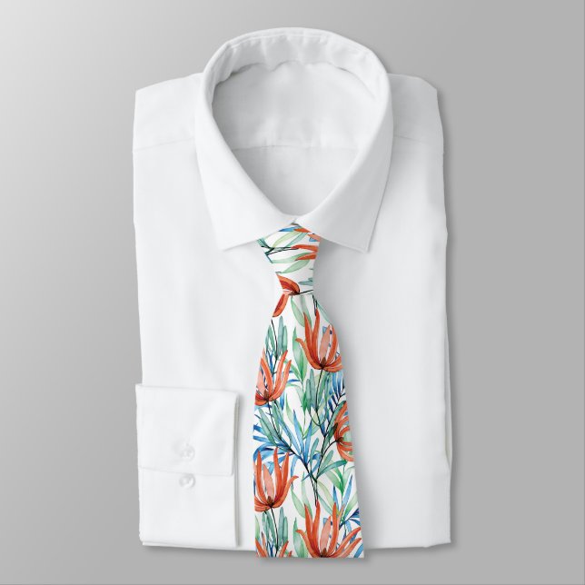 Protea flowers and palm leaves tropical pattern tie (Tied)