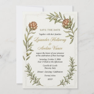 Protea Flowers, Olive Branches, Rosemary Sprigs, B Invitation