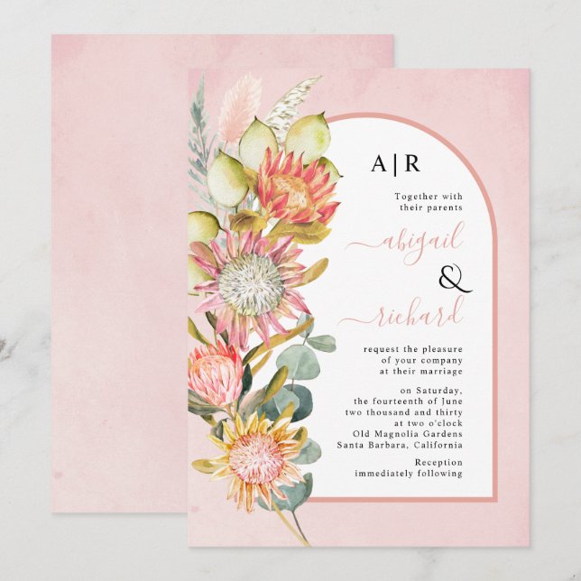 Protea flowers pampas grass and eucalyprus wedding invitation (Front/Back)