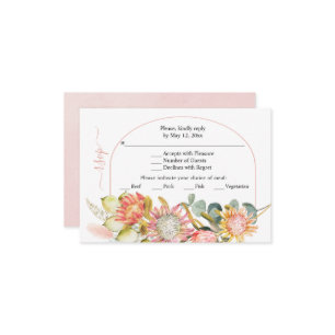 Protea flowers pampas grass and eucalyprus wedding RSVP card