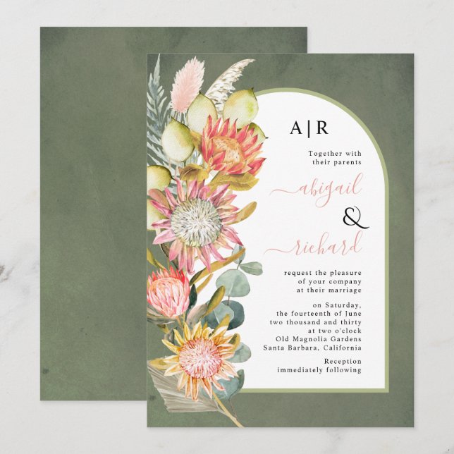 Protea flowers pampas grass green wedding invitation (Front/Back)