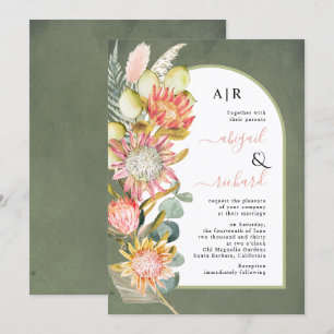 Protea flowers pampas grass green wedding invitation