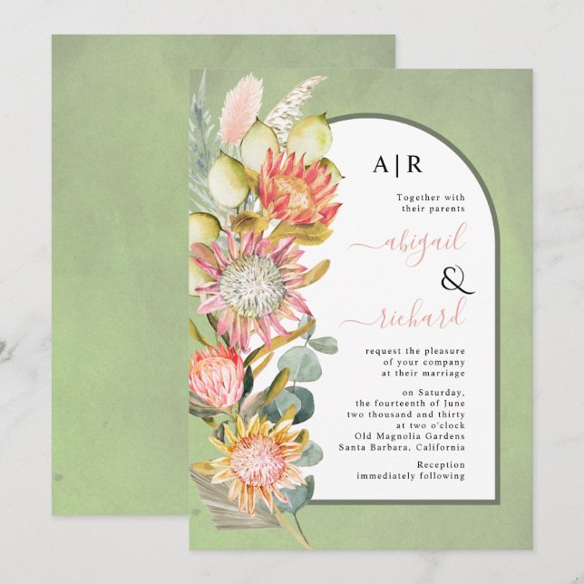 Protea flowers pampas grass sage green wedding invitation (Front/Back)