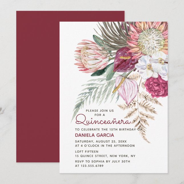 Protea Watercolor Floral Bouquet Quinceañera Invitation (Front/Back)