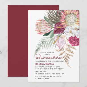 Protea Watercolor Floral Bouquet Quinceañera Invitation