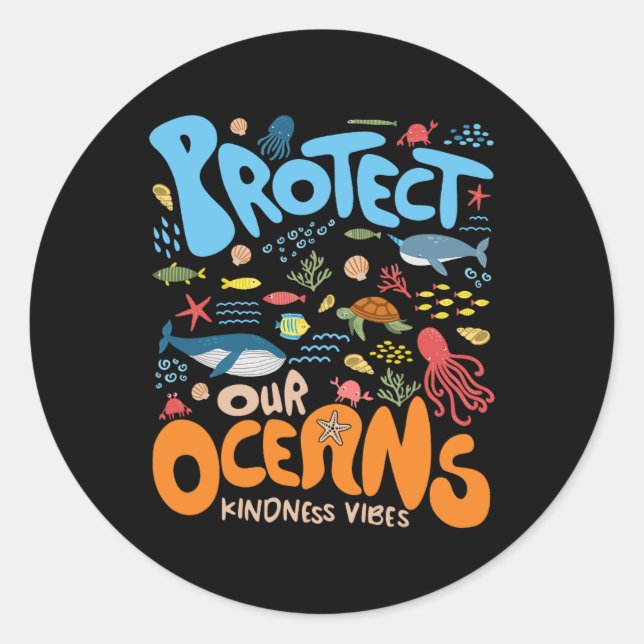 Protect Our Ocean Be Kind Shark Turtle Retro Earth Classic Round Sticker (Front)