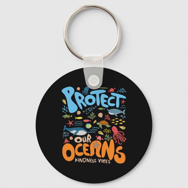 Protect Our Ocean Be Kind Shark Turtle Retro Earth Key Ring (Front)