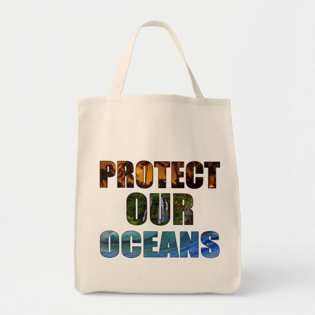 "Protect Our Oceans" Hawaiian Grocery Tote Bag (Front)