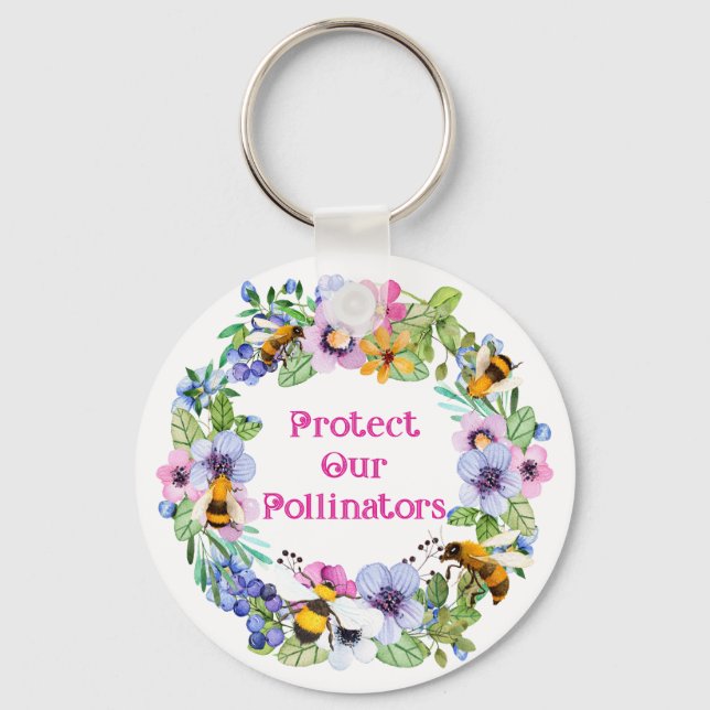 Protect Our Pollinators Bees Flowers Key Ring (Front)