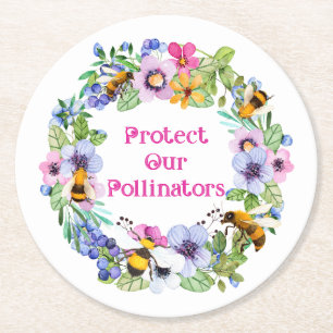 Protect Our Pollinators Bees Flowers Round Paper Coaster