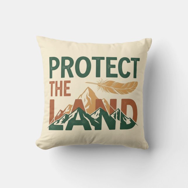 "Protect the Land" Mountains with Feather  Cushion (Front)