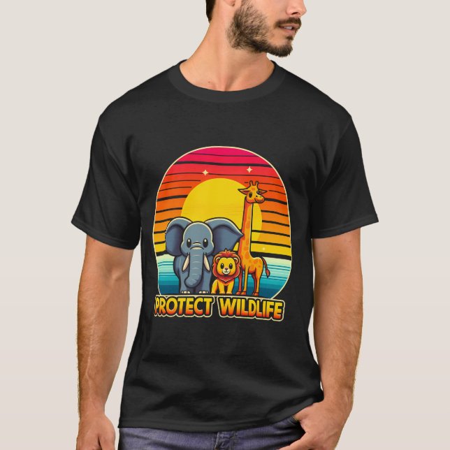 Protect Wildlife Lion Giraffe And Elephant On Retr T-Shirt (Front)