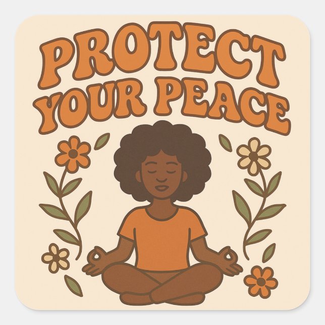 Protect Your Peace – Retro Meditative Woman Art Square Sticker (Front)