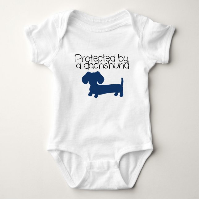 Protected by a Dachshund (blue) Baby Bodysuit (Front)