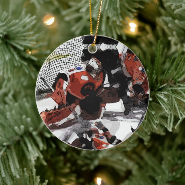 Protecting The Net-Ice Hockey  Ceramic Ornament (Tree)