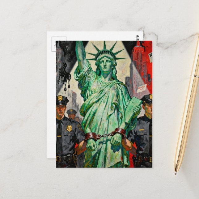 protesting lady liberty arrested by police surreal postcard (Front/Back In Situ)