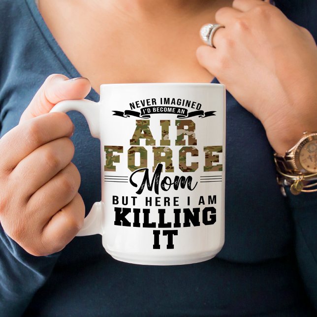 Proud Air Force Mum Killing It Funny Military  Coffee Mug (Air Force Mom funny coffee mug gift, 15 oz, never imagined, but here I am killing it, basic training)