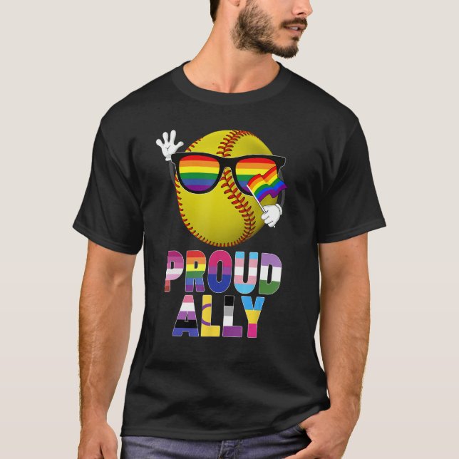 Proud Ally Softball Ball Rainbow Flag Gay Lesbian  T-Shirt (Front)