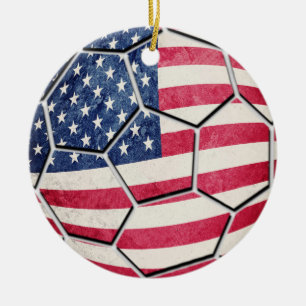 Proud American USA Flag Soccer Ball Ceramic Tree Decoration