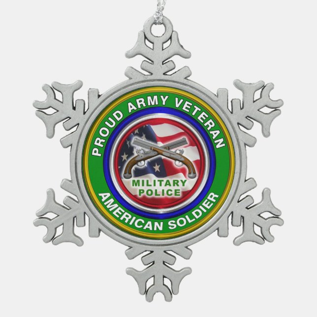Proud Army Military Police Corps Veteran Snowflake Pewter Christmas Ornament (Front)