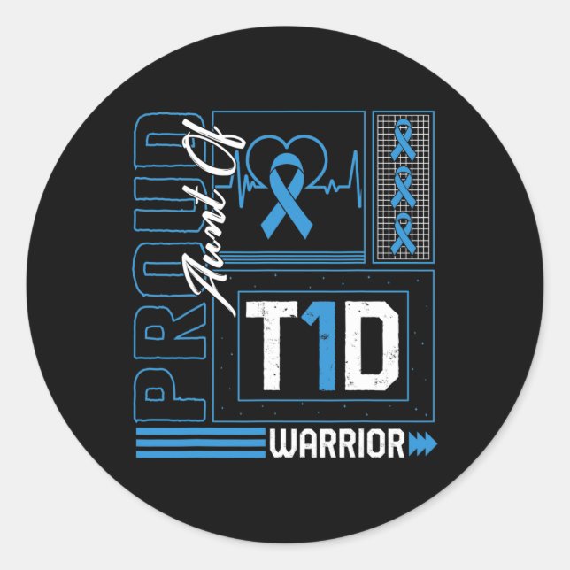Proud Aunt Of T1d Warrior Ribbon Diabetes Awarenes Classic Round Sticker (Front)