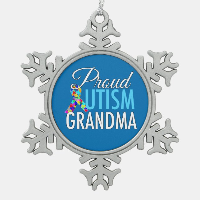 Proud Autism Grandma Snowflake Pewter Christmas Ornament (Front)