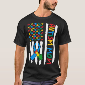 Proud Autism Mum American Flag Puzzle Piece Autism T-Shirt