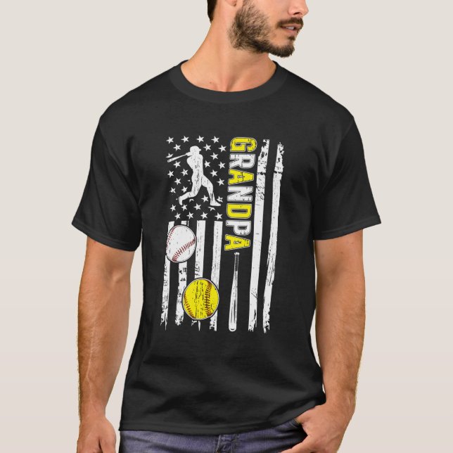 Proud Baseball Softball Grandpa American Flag T-Shirt (Front)