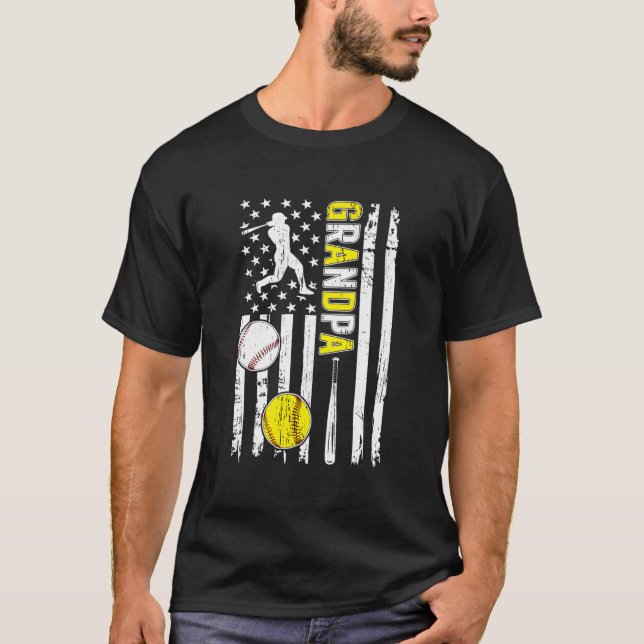 Proud Baseball Softball Grandpa American Flag T-Shirt (Front)