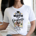 Proud Bestie of the graduate photo school name T-Shirt<br><div class="desc">Celebrate your best friend's graduation with this modern t-shirt featuring a "Proud BESTIE of the Graduate" caption in black contemporary fonts decorated with a grad cap with a golden tassel. Easily customise this t-shirt with a picture of the graduate, the graduation year, and the school's name by editing the template...</div>