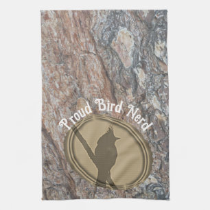 Proud Bird Nerd Silhouette Brown Green Birder Tea Towel