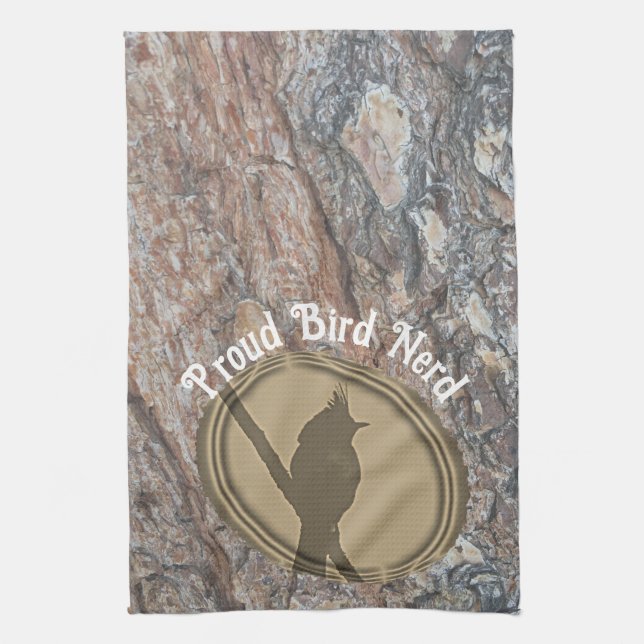 Proud Bird Nerd Silhouette Brown Green Birder Tea Towel (Vertical)