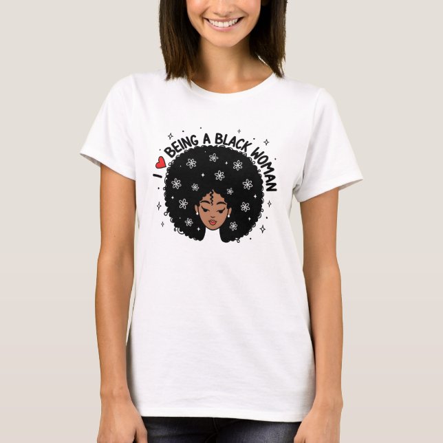Proud Black Woman Afro Hair Red Heart Flowers T-Shirt (Front)