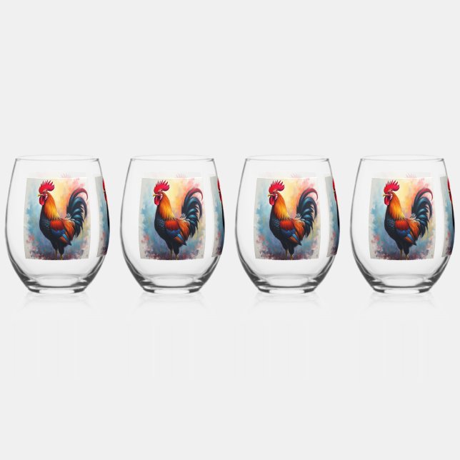 Proud brilliant displayed Rooster Stemless Wine Glass (Front)