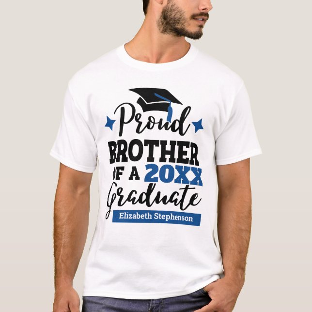 Proud Brother 2023 graduate black blue cap name T-Shirt (Front)