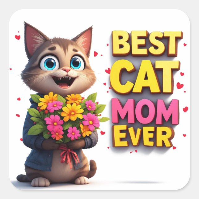 Proud Cat Mum With Cute Flower Kitty 🐱 Square Sticker (Front)
