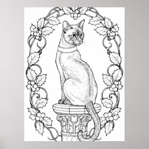 Proud Cat on Classical Pillar with Holly Poster
