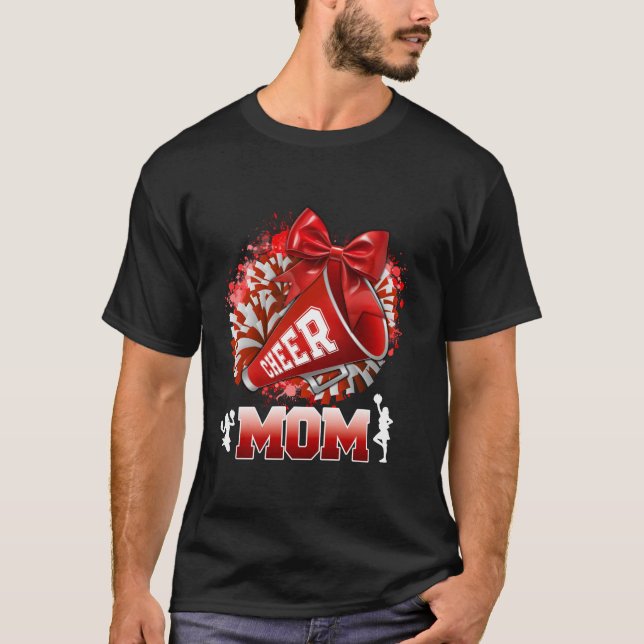 Proud Cheer Mum Red Pom Pom Megaphone Coquette Bow T-Shirt (Front)