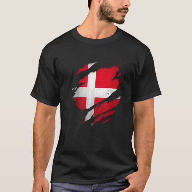 Proud Danish  Danmark Torn Ripped Denmark Flag T-Shirt (Front)