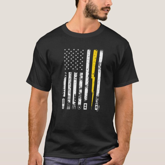 Proud Electrician Us Flag Tools Electric Power Lin T-Shirt (Front)
