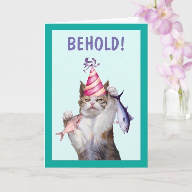 Proud Excited Cat Birthday Card (Orchid)