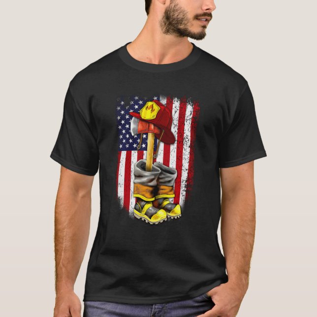 Proud Firefighter American Flag Fireman Axe Boots  T-Shirt (Front)