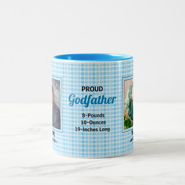 Proud Godfather Blue Polka Dots with Photos Two-Tone Coffee Mug (Center)