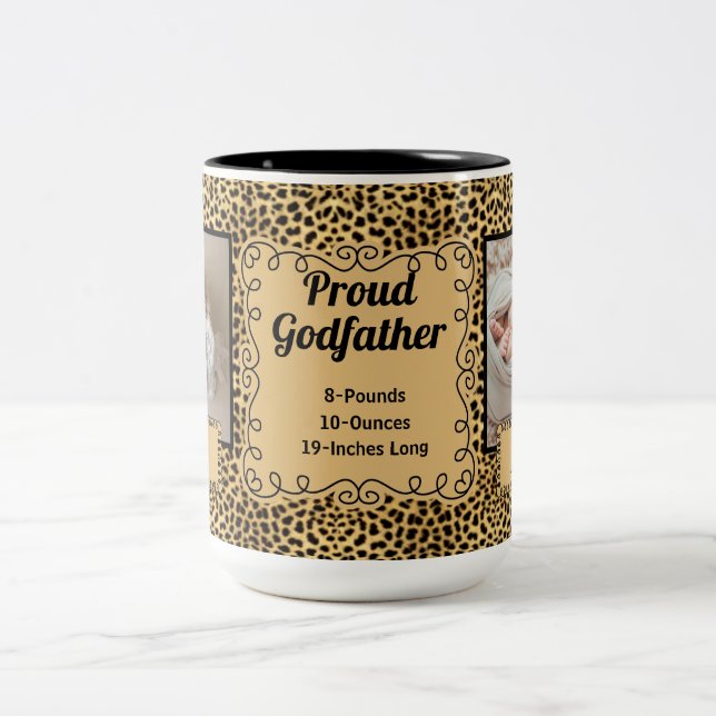 Proud Godfather Cheetah Animal Print Baby Photo Two-Tone Coffee Mug (Center)