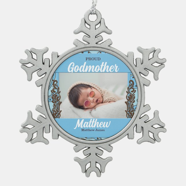 Proud Godmother Blue and Brown Photo Snowflake Pewter Christmas Ornament (Front)